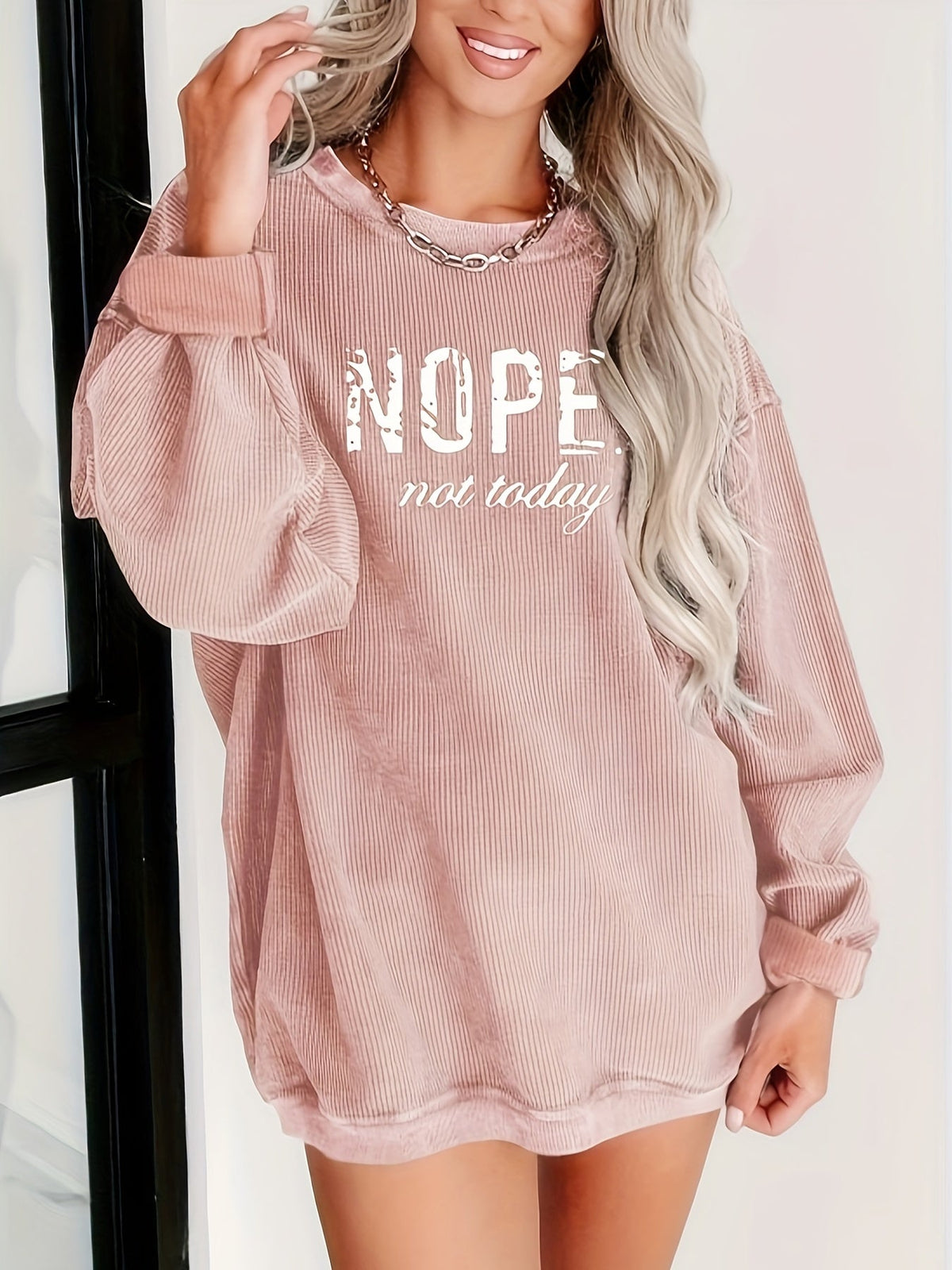 NOPE Printed Long Sleeve Top Women Crew Neck Graphic Shirt Casual Pullover S M L XL XXL Khaki Pink Letter Print