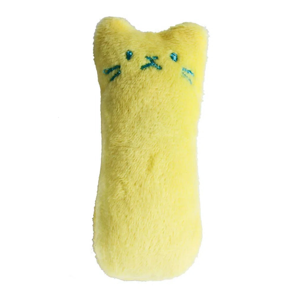 Cat Squeaky Plush Pillow Teaser Toy - Interactive Cat Design Stuffed Kicker Toy with Squeaker for Cats Kittens Solo Play Boredom Buster No Battery 6 Colors Green Yellow Pink Blue Coffee