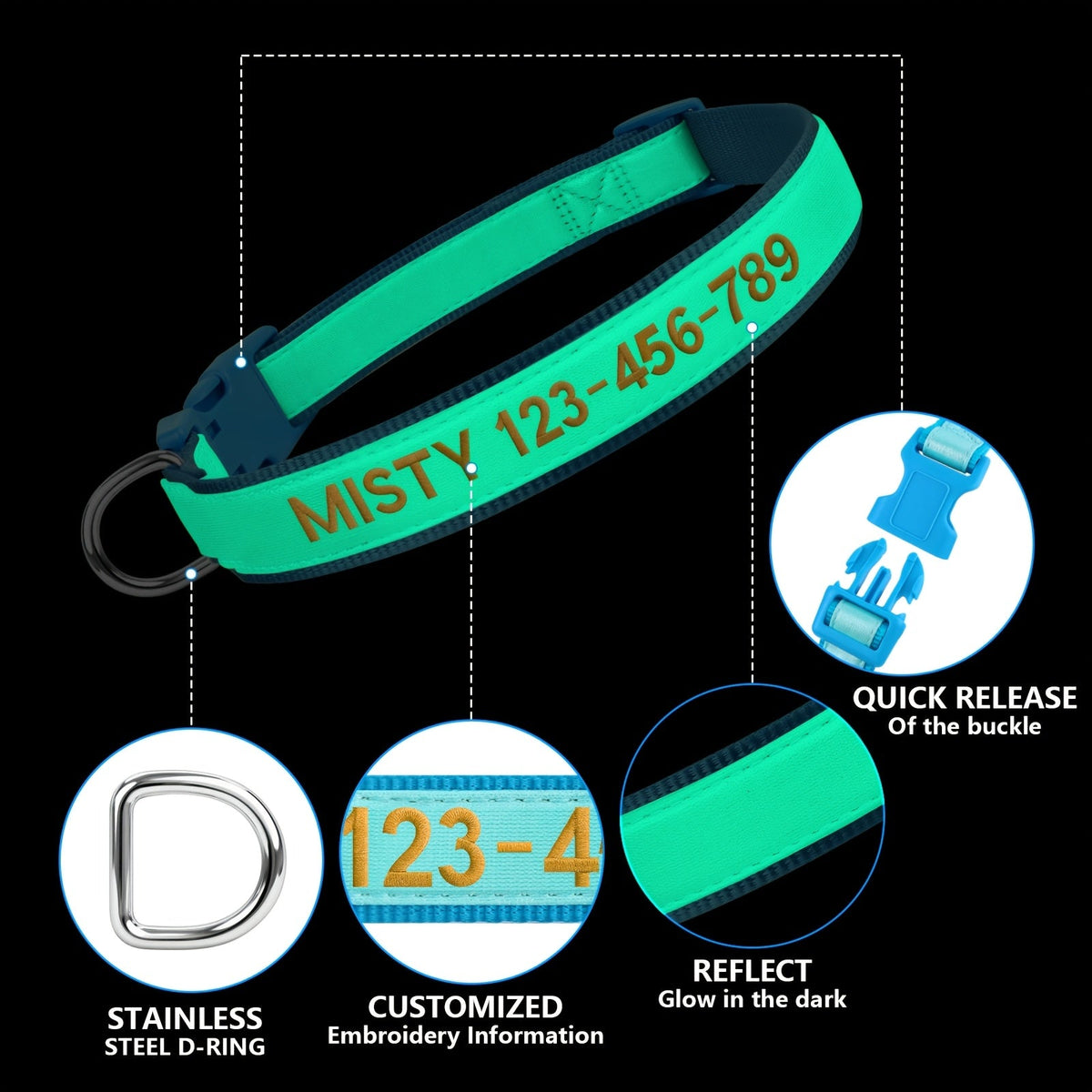 Personalized Glow in the Dark Dog Collar – Custom Embroidered Name & Phone Number, Luminous Night Safety Collar for Small Medium & Large Dogs, Anti-Lost Design in XS/S/M/L, 5 Colors Available