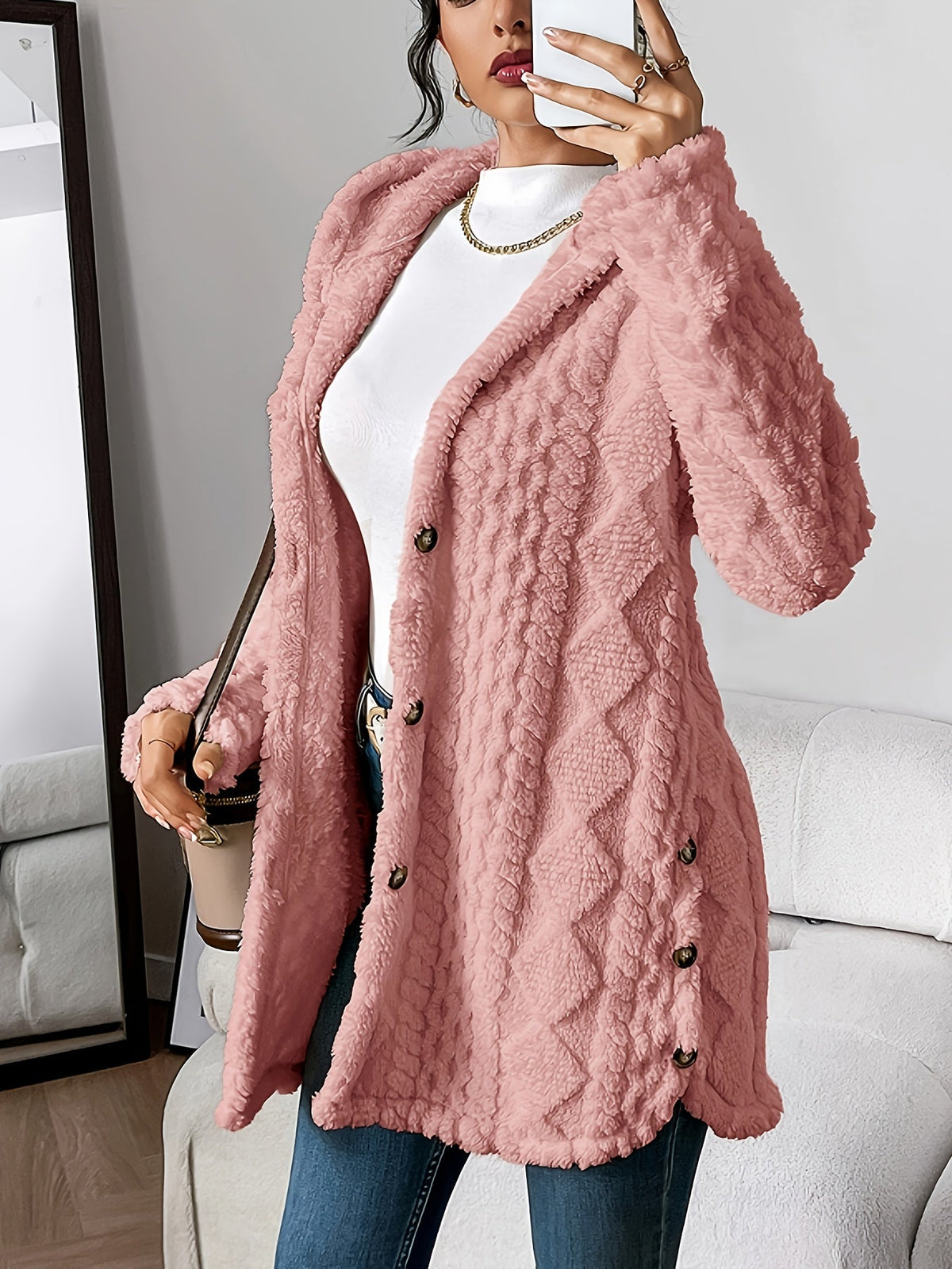 Women's Jacquard Plush Hooded Cardigan Coat – Warm Fuzzy Open Front Sweater Jacket for Autumn Winter