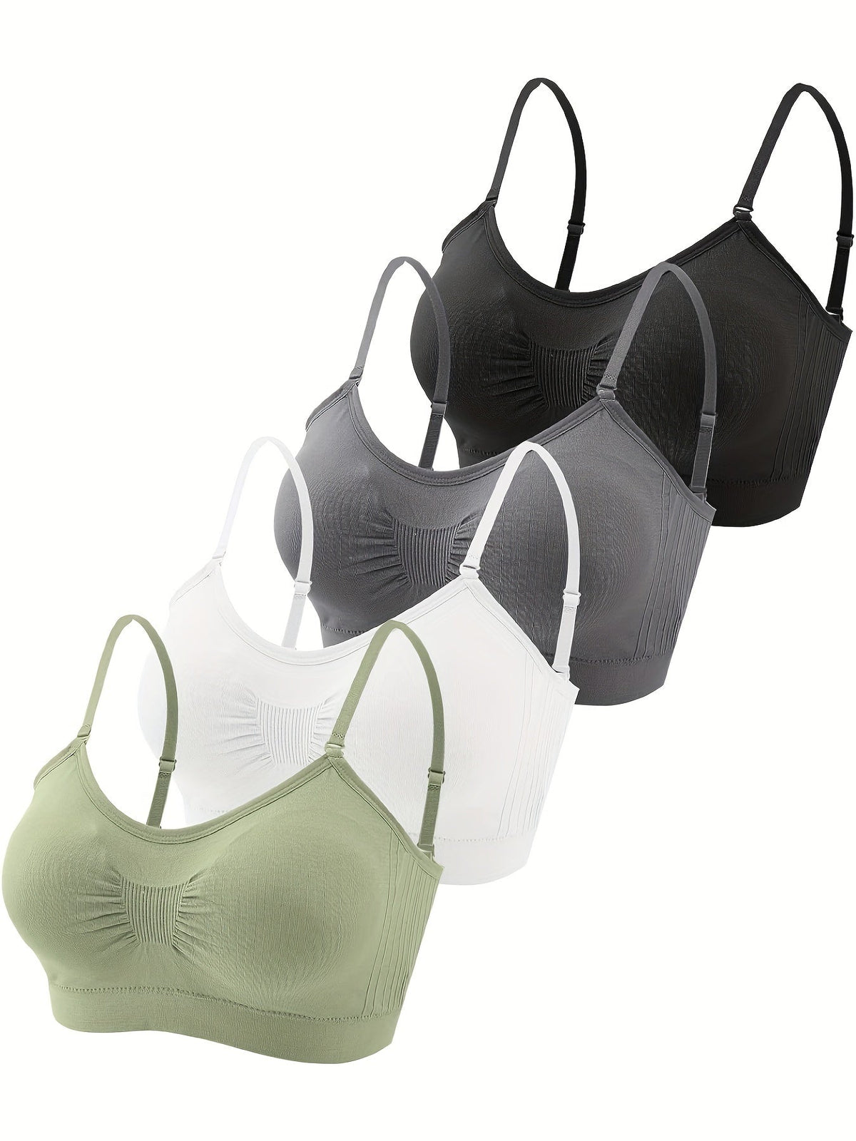 V-Neck Padded Bralette Cami Bra 4 Pack – Wireless Tank Top Sports Bra with Adjustable Straps for Women, Soft Padded Everyday Bralette Set, Sizes S-XL, Colors Rust, Beige, Green, Blue
