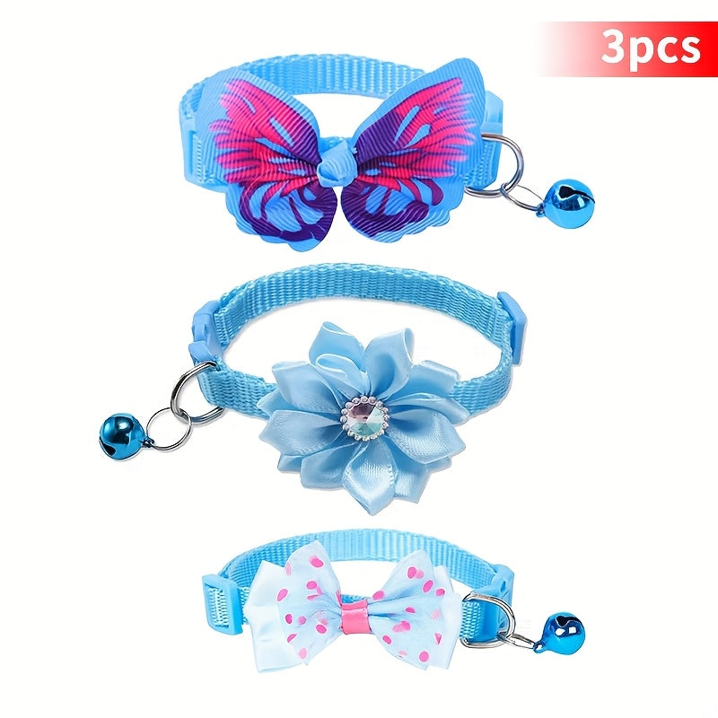 Floral Cat Collars with Bell & Bow Tie 3-Pack - Adjustable Pink & White Polyester Pet Collars for Cats & Small Dogs, Cute Breakaway-Style Kitten Collar Set with Decorative Bell and Bow Knot Accent