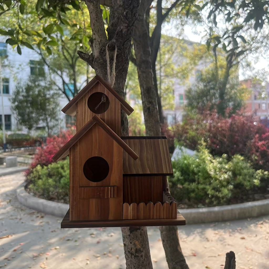 Outdoor Wooden Bird Nest 3-Room Rustic Natural Wood Wild Bird House for Garden Backyard Patio – Handcrafted Bird Nesting Box for Small Wild Birds Wildlife Habitat Decor