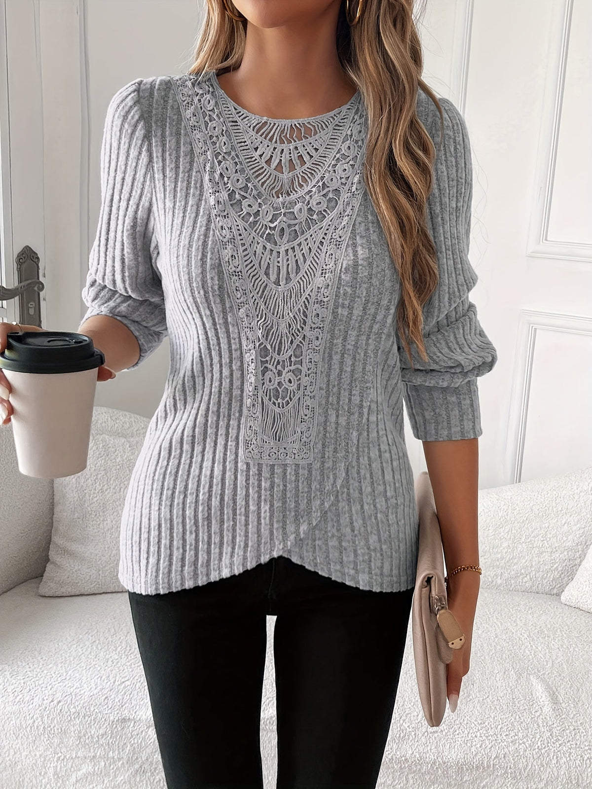 Lace Trim Long Sleeve T-Shirt Women Round Neck Elegant Casual Tops Soft Lightweight Blouse Pink Grey Blue S-XXL US Warehouse