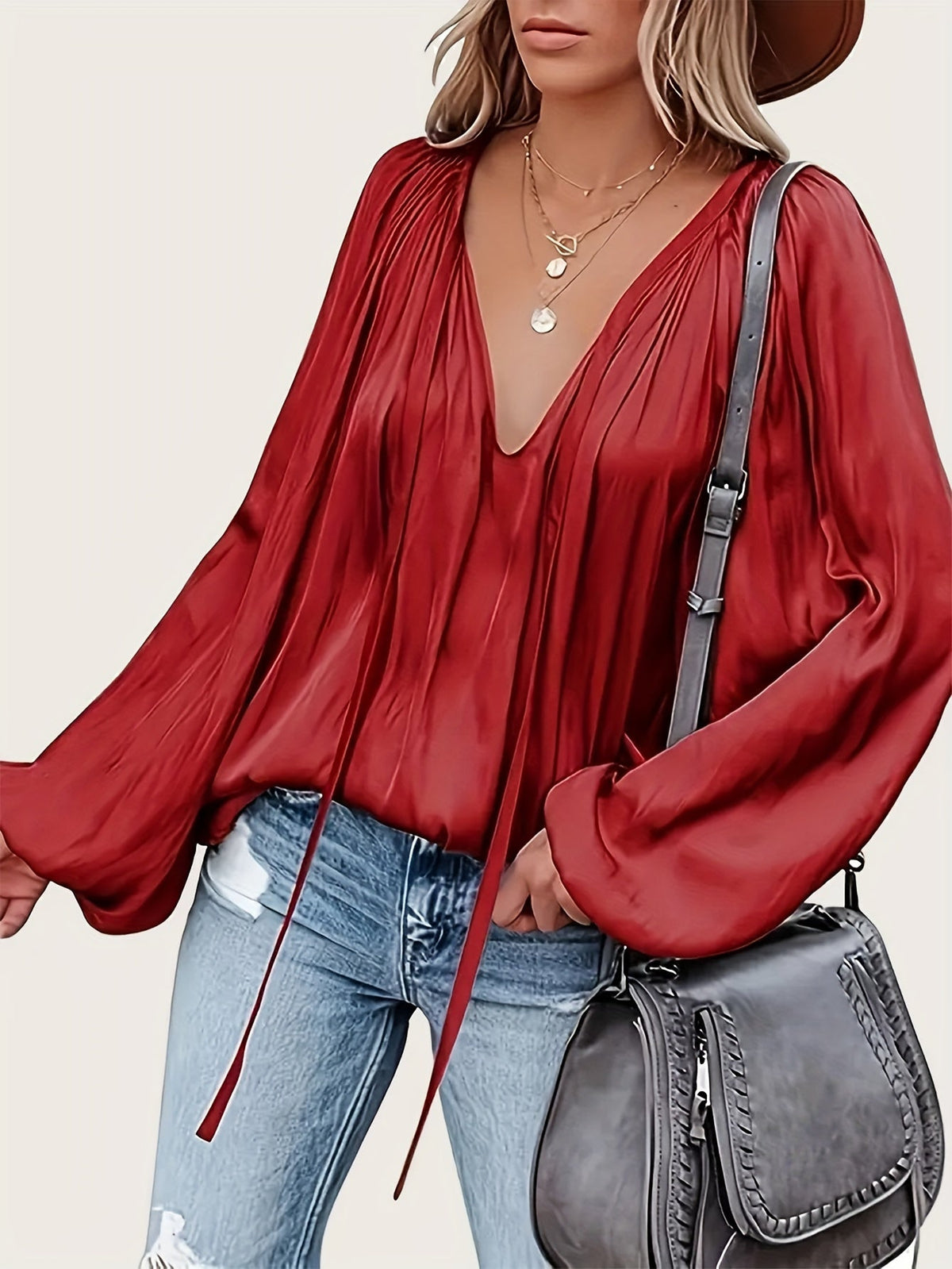 Women's Tie Neck Lantern Sleeve Blouse - Solid Color Ruched Loose Fit Casual Long Sleeve Top for Spring Fall | Comfortable Everyday Wear S-XXL