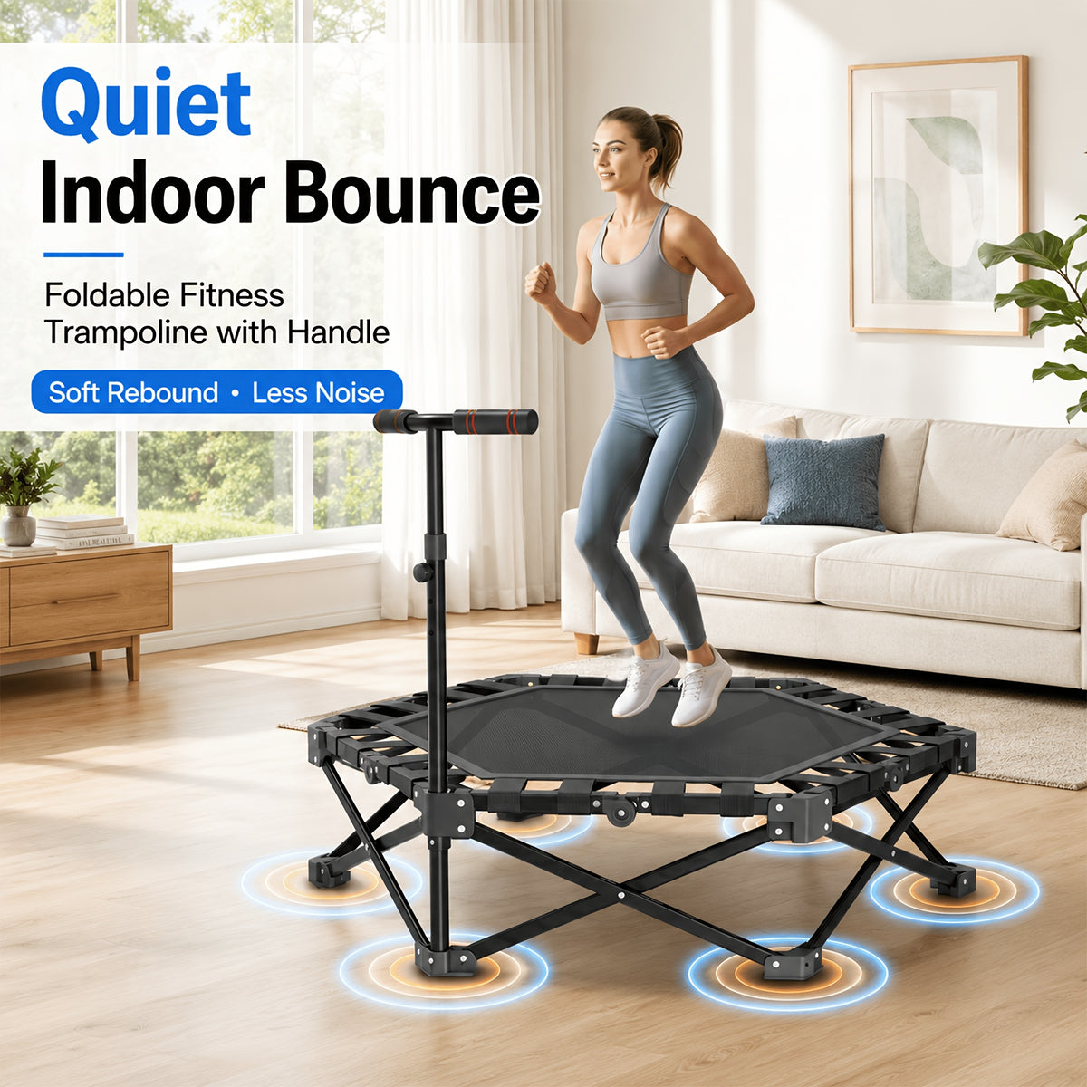 42-Inch Foldable Mini Rebounder Trampoline for Adults – Springless Fabric Strap System, 300 LB Capacity, Compact Indoor Fitness Bouncer for Home Gym, Cardio & Leisure Exercise, Space-Saving Design