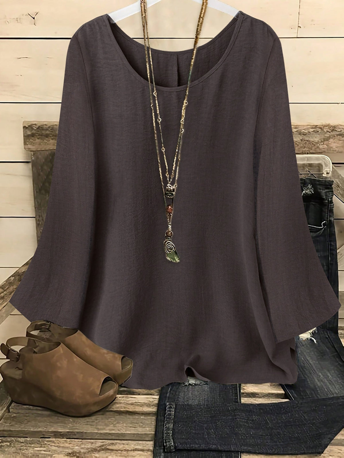 Women's Flared Long Sleeve Crew Neck Solid Shirt Casual Western Blouse Top S-XXL Multiple Colors