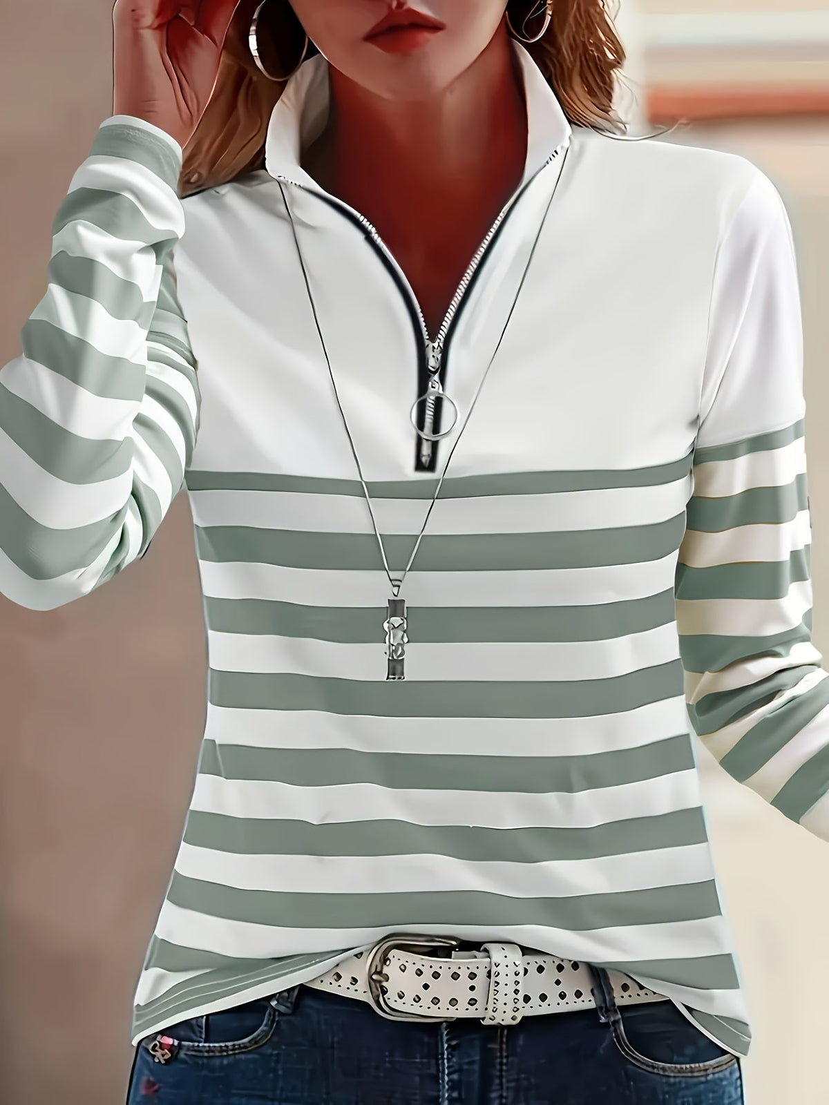 Striped Print Long Sleeve Zip Up Stand Collar T-Shirt Women Casual Top – Black Bars Red Blue Light Green Stripes S-XXL