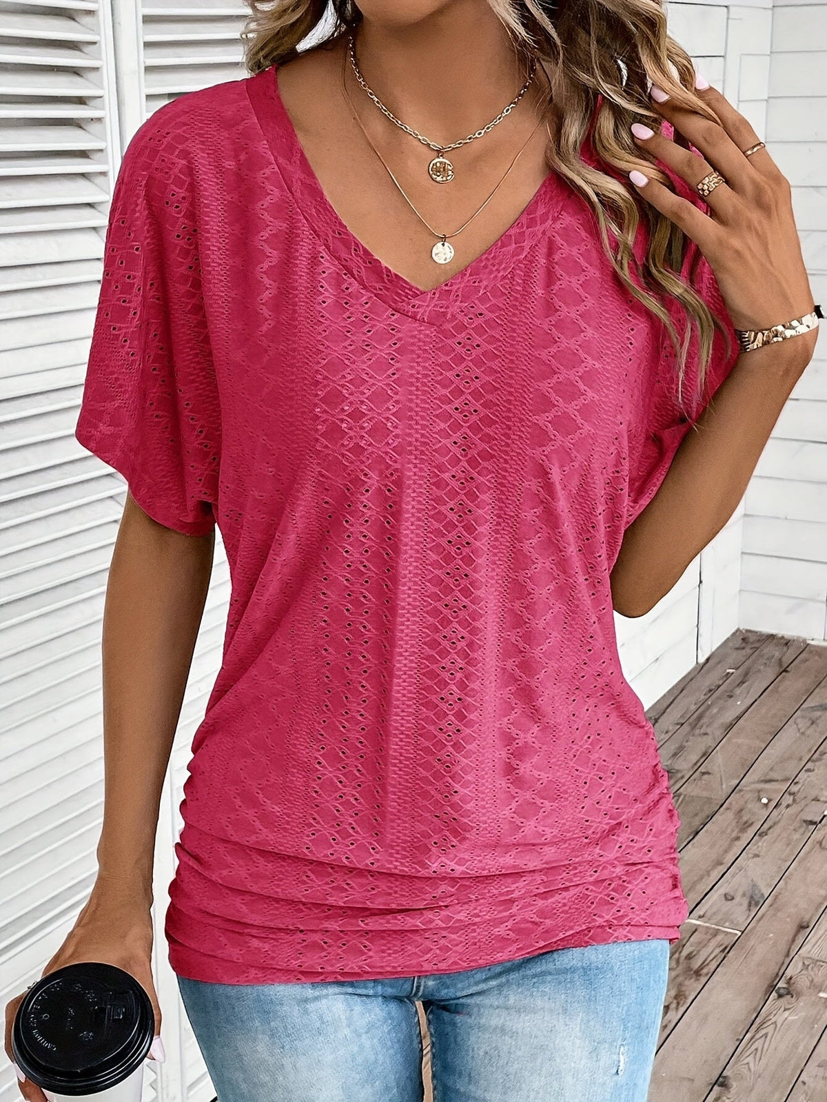 Women's V-Neck Ruffle Short Sleeve Top Casual Summer Blouse Solid Color Micro Stretch Knit Dark Cyan Black Pink Yellow Purple Red Rose Red S-XXL