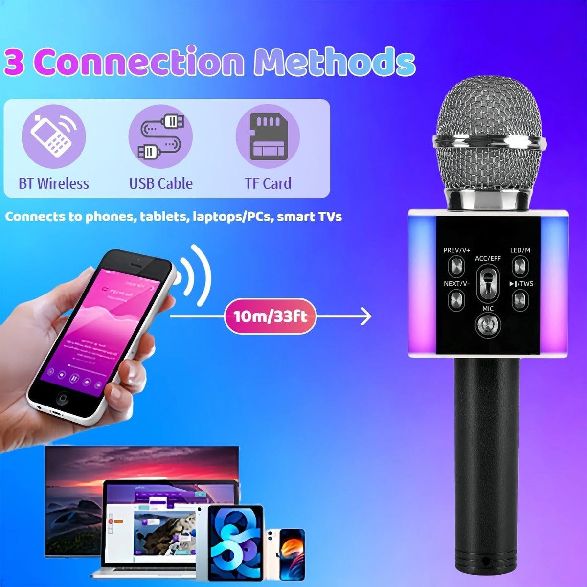 5-in-1 Wireless Karaoke Microphone with Built-In Speaker, LED Lights & Voice Changer – Portable Bluetooth Singing Mic for Parties, Family Gatherings, Travel & Outdoor Fun, 10 Colors