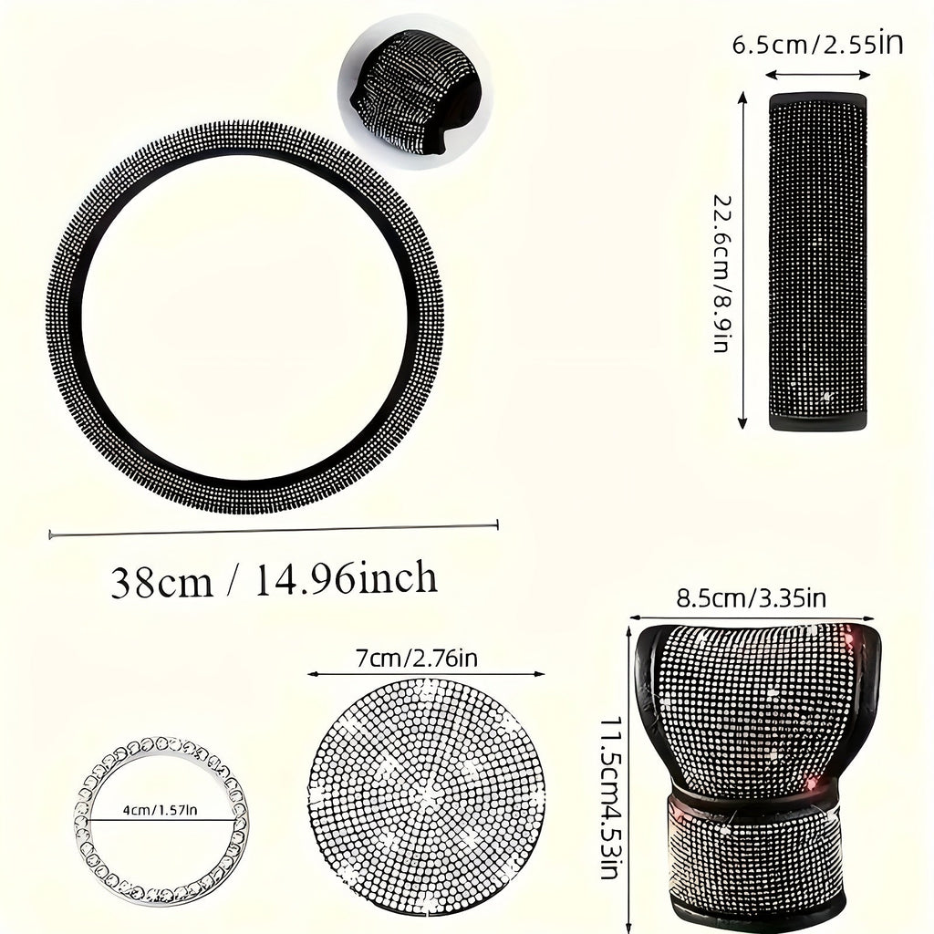 8pc Rhinestone Bling Car Accessories Set for Women – Steering Wheel Cover, Coasters, Seatbelt Pads, Starter Rings & Shift Knob Cover, 7 Colors, Sparkly Glitter Interior Kit