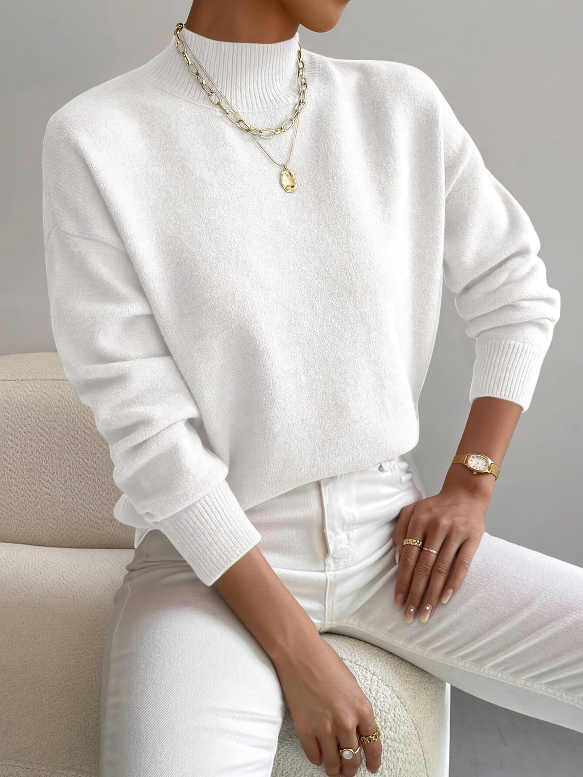 Women's Solid Color Mock Neck Drop Shoulder Pullover Sweater – Long Sleeve Knit Acrylic Blend Cozy Fall Winter Top