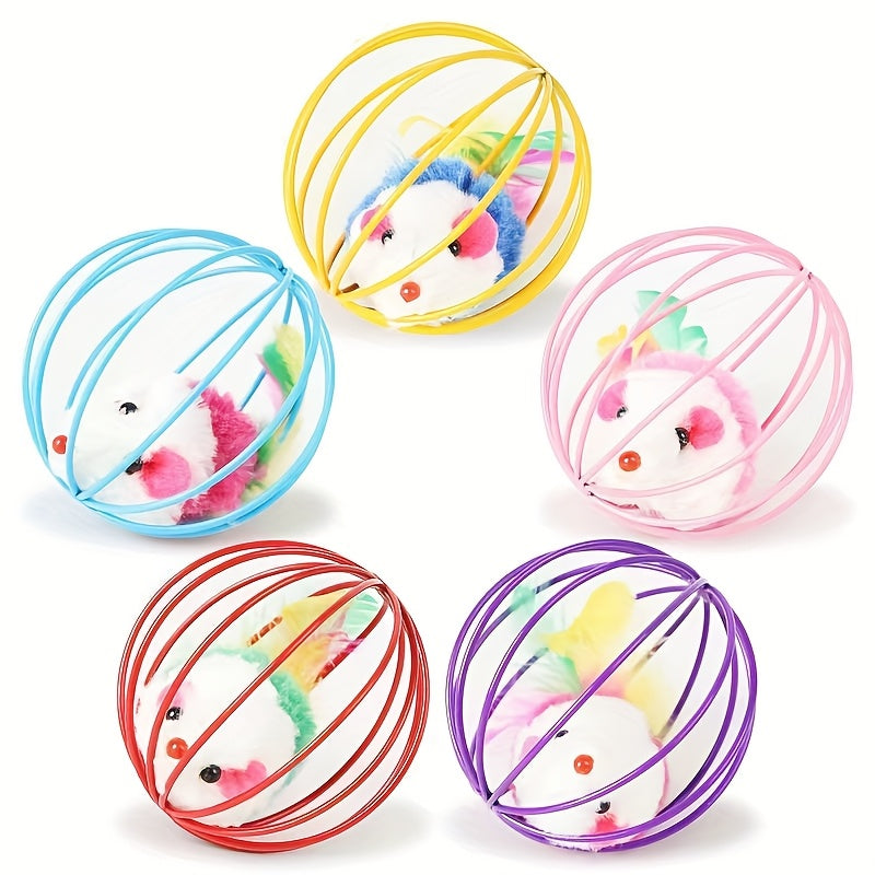 Cage Ball Cat Toys with Feathers & Tails – Wire Cage Interactive Toy Set for Cats, Colorful Fake Feather Rattling Ball Toys for Kittens, Durable Fabric Cat Enrichment Toys, No Battery, Multi-Pack Options