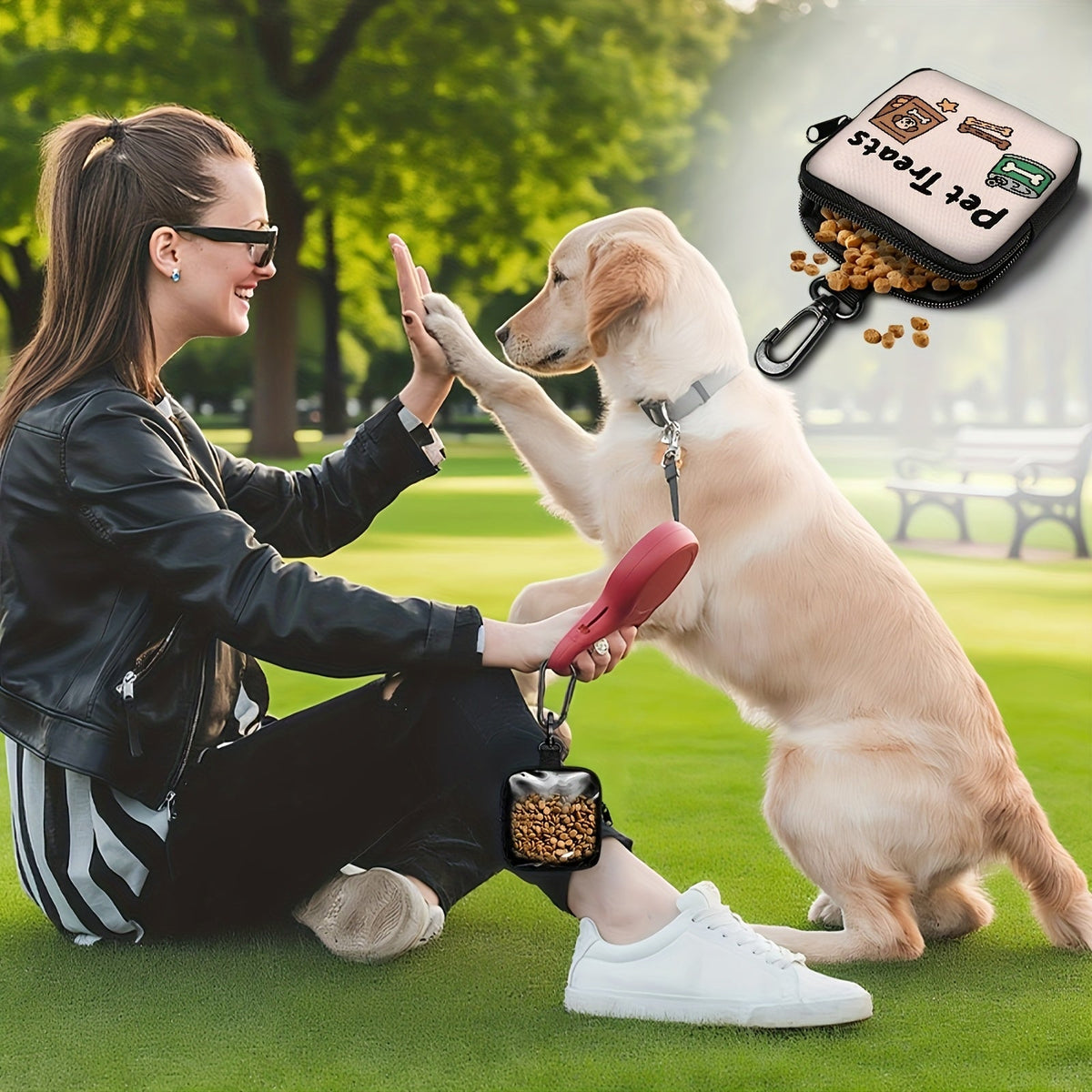 Dog Treat Training Bag with Hook & Zipper – Dog Print Pet Training Pouch with Poop Bag Dispenser, Puppy Obedience Training Walking Bag for Outdoor Use