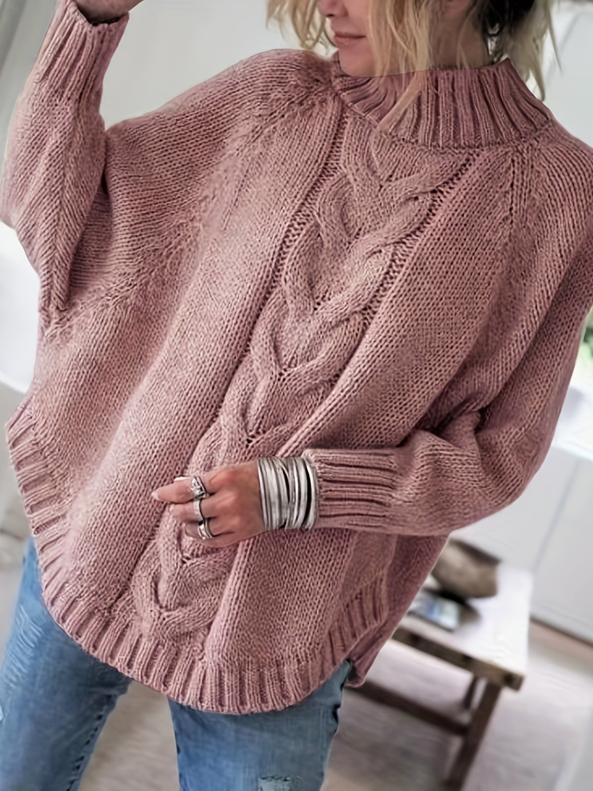 Women's Oversized Cable Knit Turtleneck Sweater Chunky Pullover Loose Fit Flared Hem Cozy Winter Knit Jumper 5 Colors S-XXL