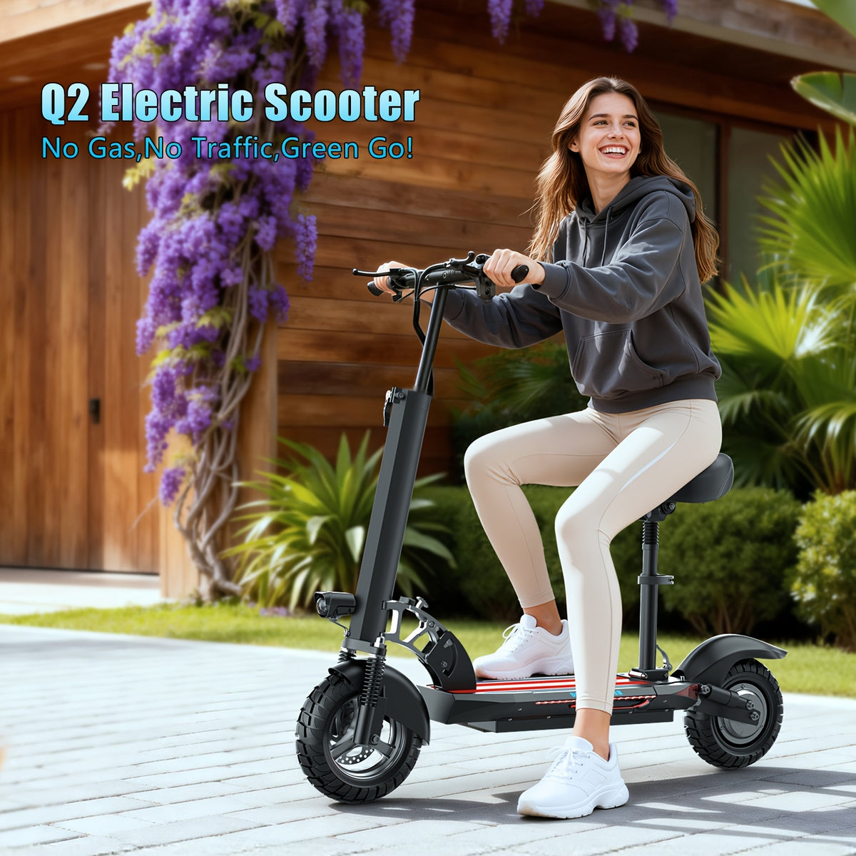 Adult Electric Scooter with Seat, 749W, Off-Road, 35 Miles Range – 48V 16.5Ah Battery, Removable Seat, 3-Speed Modes, Dual Disc Brakes, Multiple Shock Absorbers, Wide Deck Commuter E-Scooter Q5