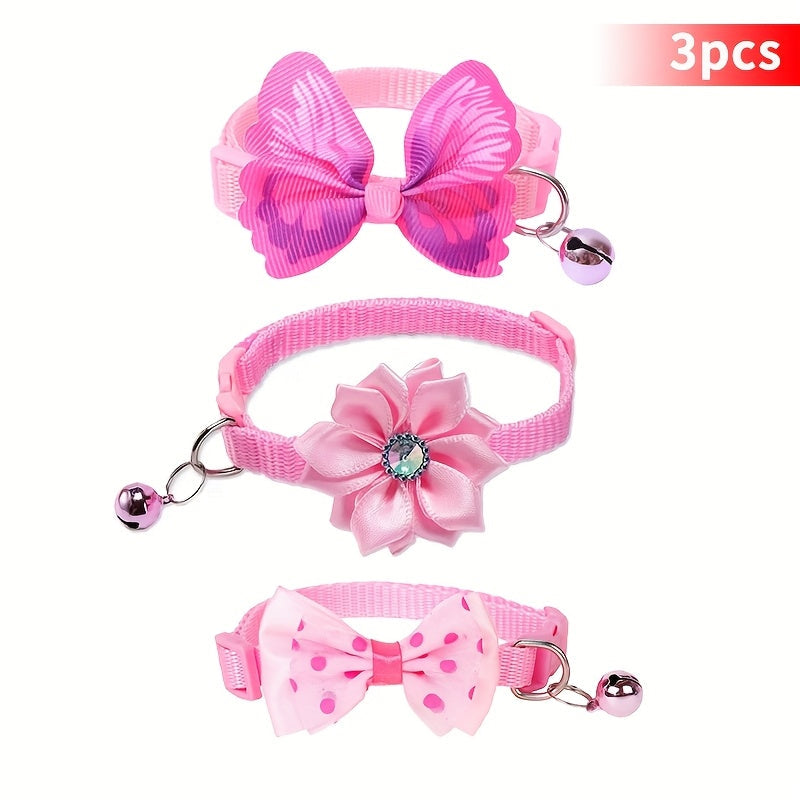 Floral Cat Collars with Bell & Bow Tie 3-Pack - Adjustable Pink & White Polyester Pet Collars for Cats & Small Dogs, Cute Breakaway-Style Kitten Collar Set with Decorative Bell and Bow Knot Accent