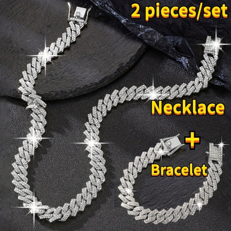 Cuban Link Necklace and Bracelet Set Rhinestone Zircon Bling Hip Hop Jewelry Set Gold Silver Rose Gold Y2K Punk Chain Set for Women Men Gift