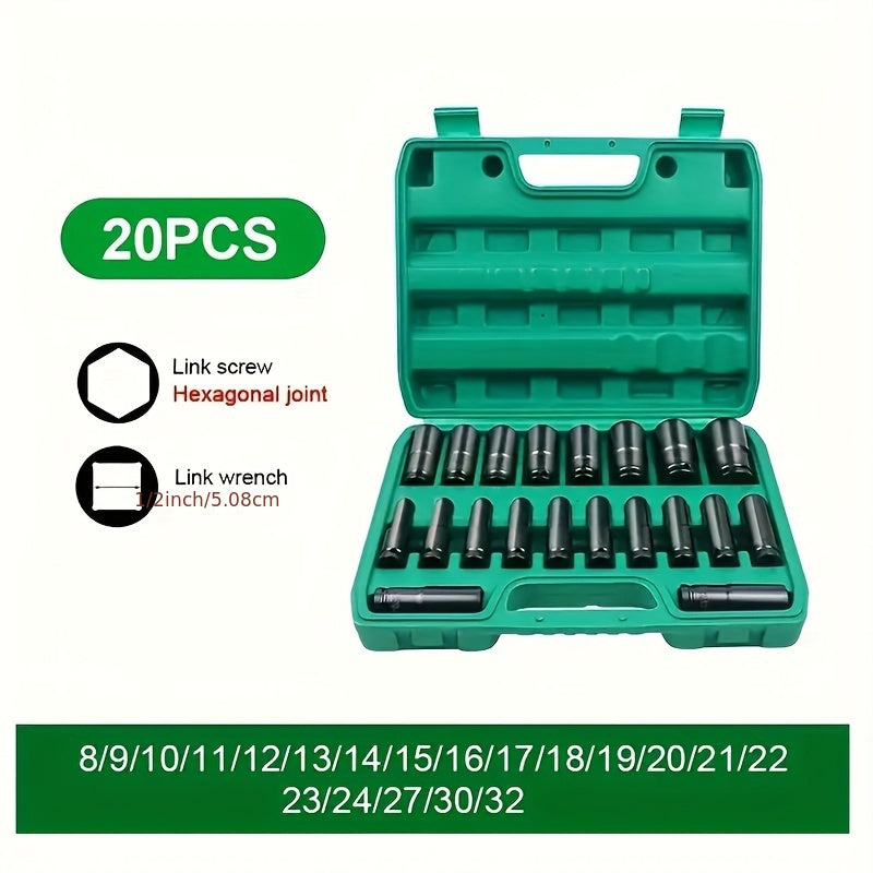 1/2" Drive Metric Deep Impact Socket Set – Chrome Vanadium Steel 8mm-32mm, Extended Hex Socket for Electric Wrench & Automotive Repair, 10-Pack or 20-Pack