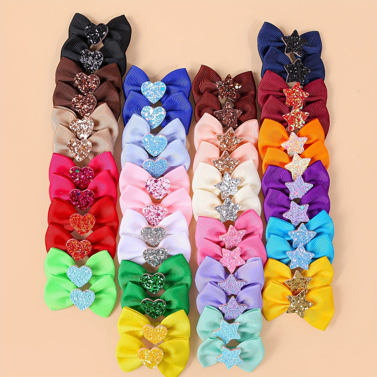 Dog Bow Hair Clips 24pcs Assorted – Cute Glitter Heart & Star Grooming Hair Accessories for Small Dogs & Puppies, Mixed Color Random Styles Pet Hair Bows