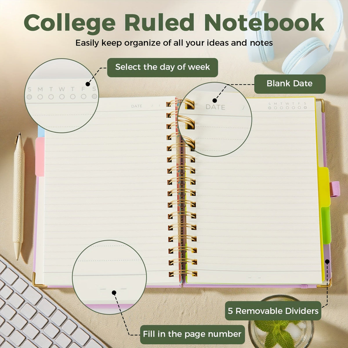 A5 Hardcover 5-Subject Spiral Notebook Journal – 300 College-Ruled Pages with Removable Divider Tabs & Pocket, 6.1" x 8.4" Lined Notebook for Work, School & Note Taking, Back to School Supplies