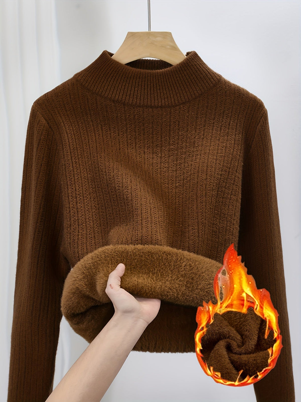 Women's Fleece Lined Turtleneck Sweater Thick Warm Pullover - Semi-High Neck Seamless Knit Sweater Fall Winter Inner Layer Top, 11 Colors S-XL