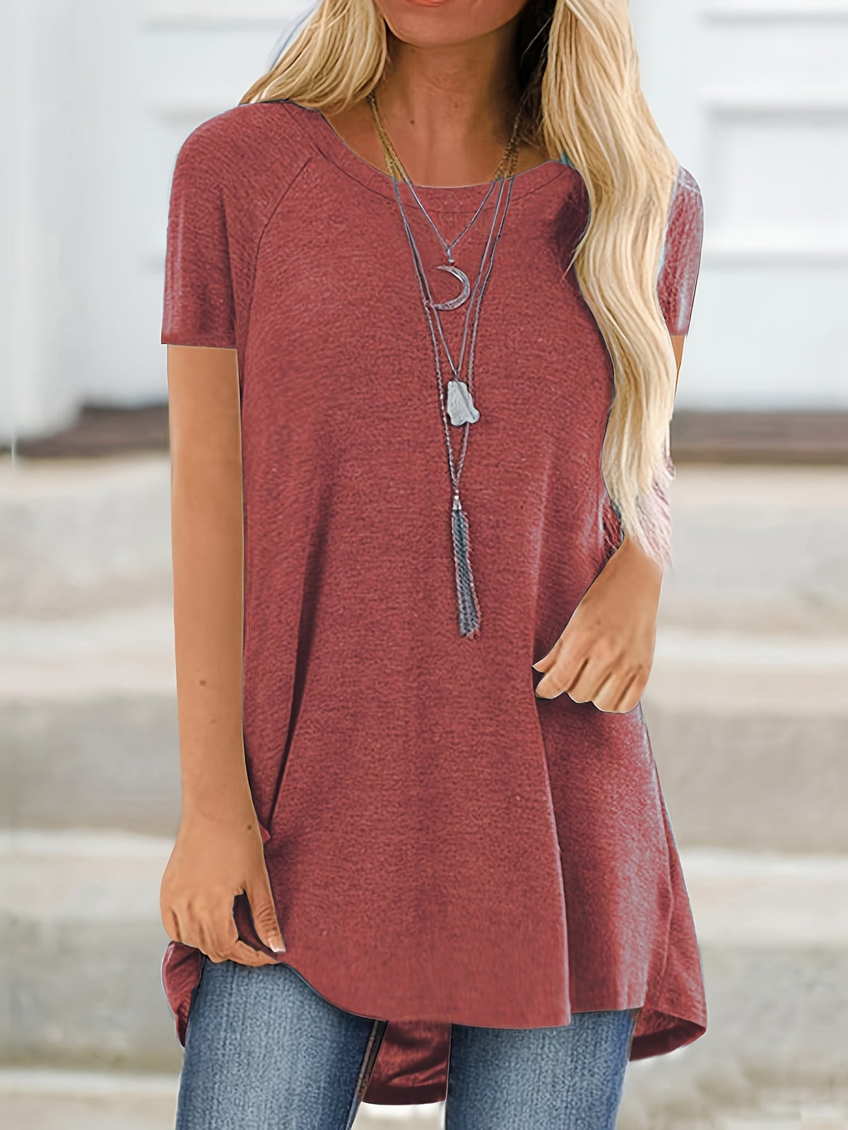 Women's Longline Raglan Short Sleeve T-Shirt – Solid Color Loose Fit Dipped Hem Knit Top in 15 Colors, 35% Viscose 60% Polyester 5% Elastane