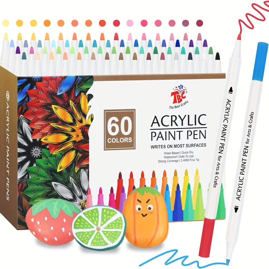 TBC The Best Crafts Acrylic Paint Pens 60 Colors Waterproof Non-Toxic Odorless Soft Brush Tip for Rock Pottery Glass Canvas Wood Fabric Eggs Handicrafts Art Gift