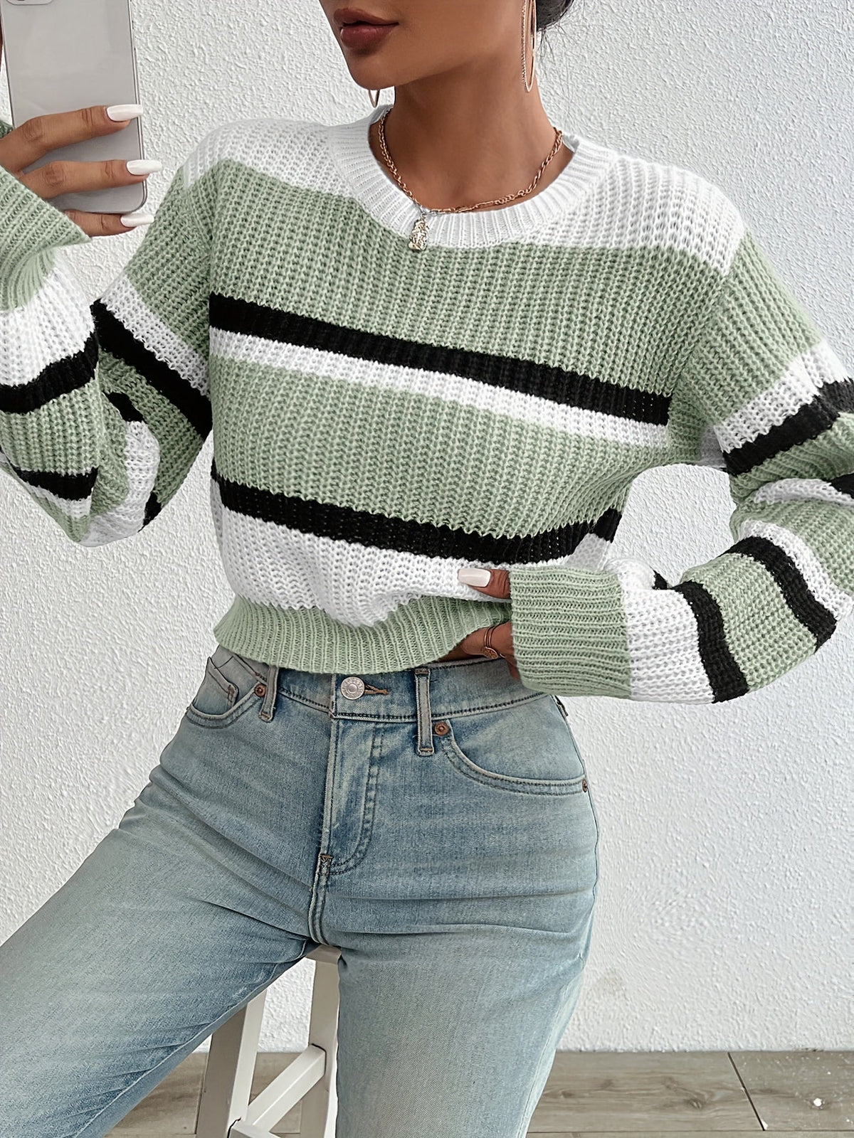 Striped Color Block Drop Shoulder Cropped Sweater Women Fall Winter Loose Fit Knit Pullover Round Neck Long Sleeve Top S-XL