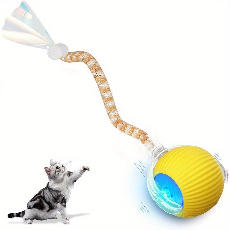 Electric Self-Rolling Cat Ball Toy Automatic Interactive Cat Toy Ball with Elastic Net Tail Fast Rolling Smart Motion Ball for Indoor Cats Kittens Carpet Floor Play