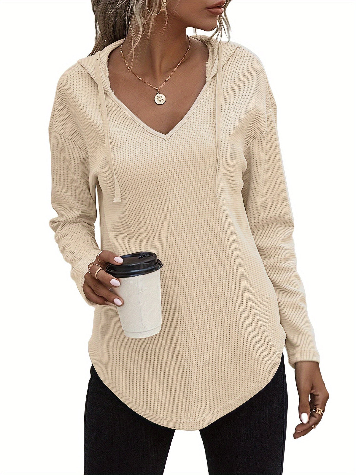 Women's Hanky Hem V-Neck Drawstring Hoodie Sweatshirt - Casual Long Sleeve Knit Hooded Pullover for Fall Winter