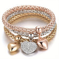 3PC Stainless Steel Stackable Bracelet Set for Women – Gold Silver Rose Gold Corn Chain & Heart Tree of Life Elastic Bracelet, Hypoallergenic Daily & Party Wear