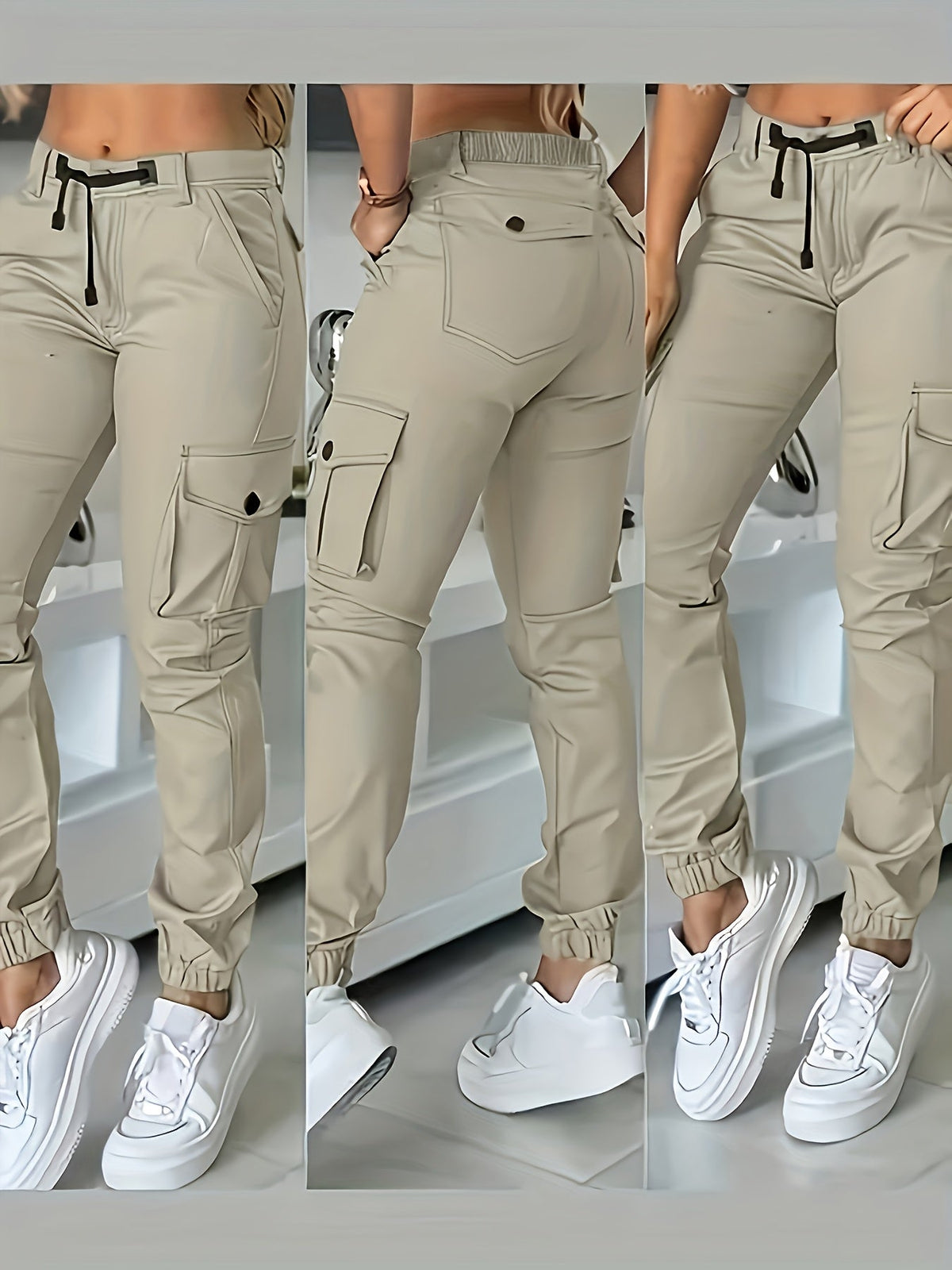 Women's Multi-Pocket Cargo Pants Casual Fashion Wide Leg Woven Trousers Olive Black White Khaki Grey S-XXL