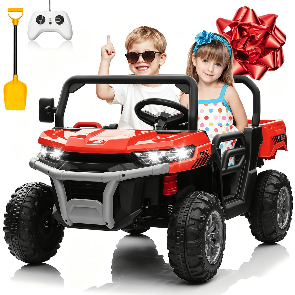 24V Kids Ride-On Dump Truck with Motorized Lifting Bed, Detachable Trailer & Bluetooth Music – Electric Quad Vehicle for Boys & Girls Ages 3-8, Forward/Reverse, Wear-Resistant Wheels