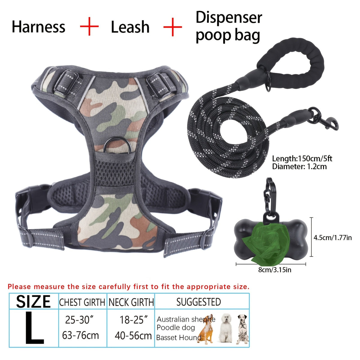 4-Piece Dog Harness and Leash Set No-Pull No-Choke Reflective Oxford Vest Harness with Leash Poop Bag Dispenser Easy Control Handle for Medium Large Dogs Outdoor Training Walking