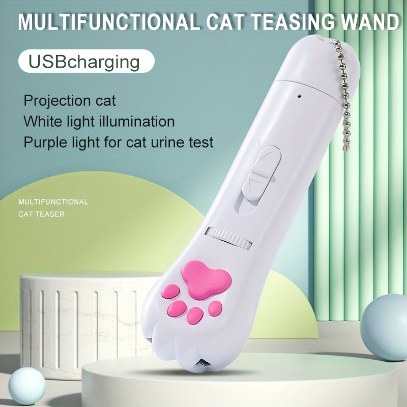Cat Teaser Projection Pen USB Rechargeable - Rotating Gear Pattern Projector Toy for Cats, LED Light Chase Toy with White Flashlight, Interactive Cat Toy Pen