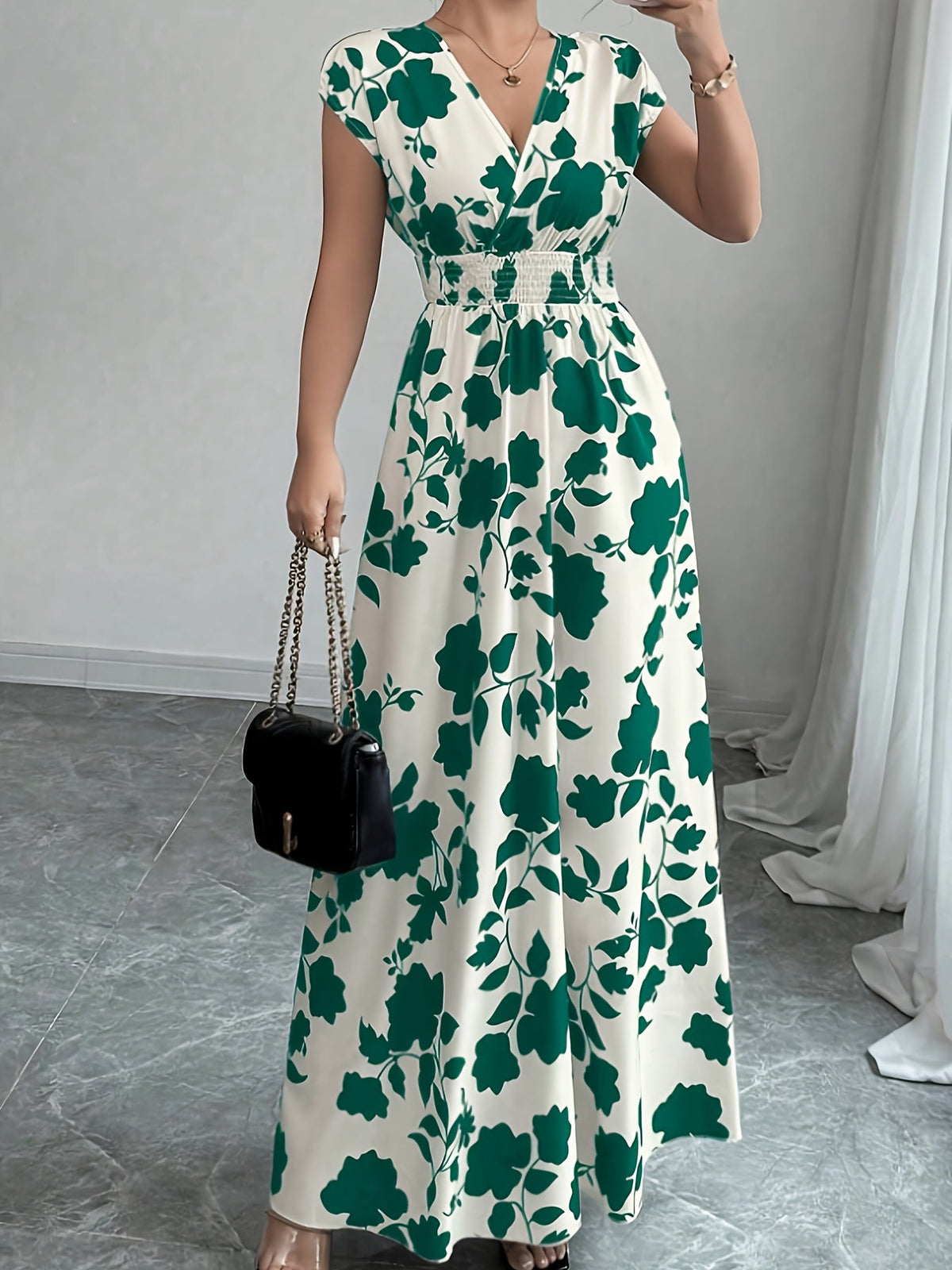 Women's Pink Floral Maxi Dress - V-Neck Short Sleeve Cinched Waist A-Line | Elegant Casual Formal Spring Fall Flowing Dress New Arrival