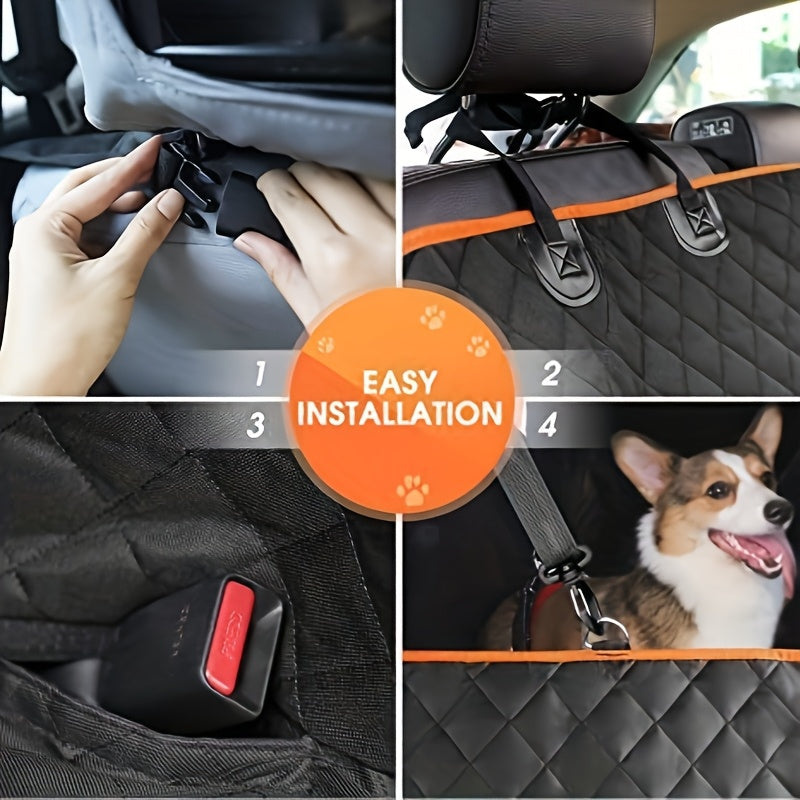 Dog Car Seat Cover with 4 Pockets - Non-Slip Waterproof Pet Seat Cushion for Medium & Large Dogs, All-Encompassing Anti-Stain Back Seat Cover, Universal Fit Car Dog Mat, Black