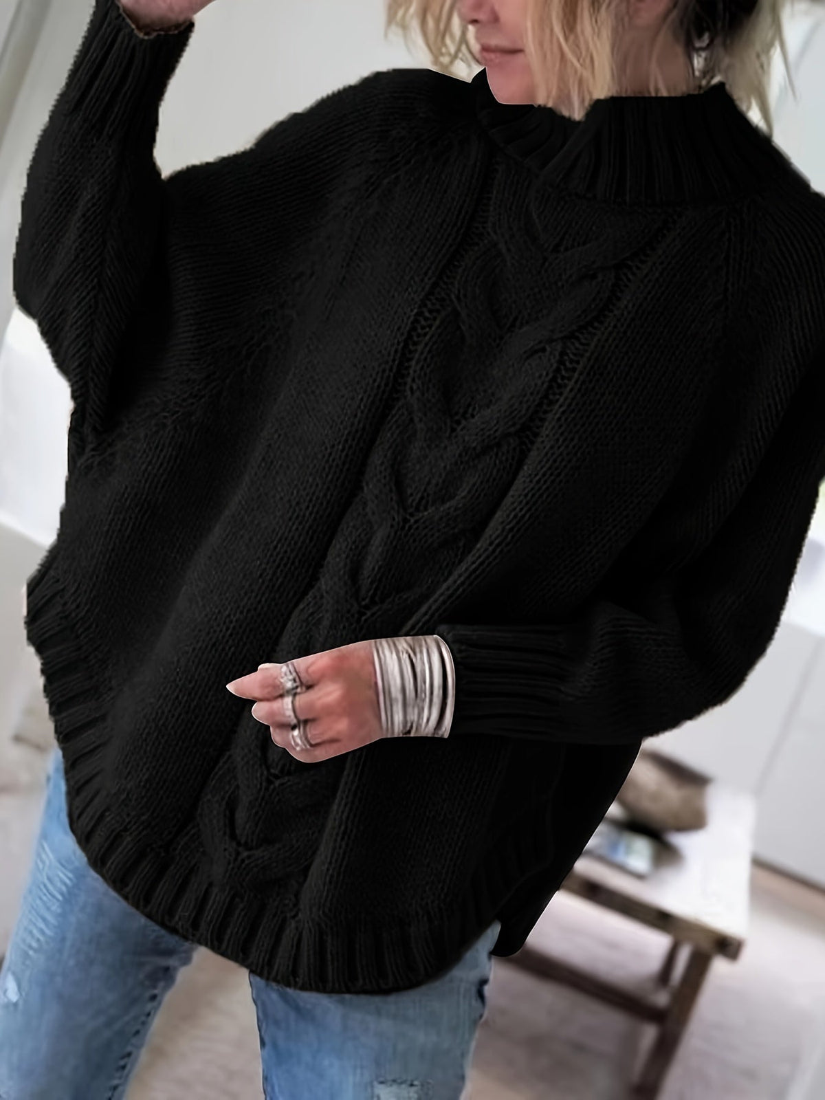 Women's Oversized Cable Knit Turtleneck Sweater Chunky Pullover Loose Fit Flared Hem Cozy Winter Knit Jumper 5 Colors S-XXL