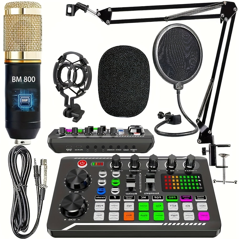 BM-800 Podcast Recording Studio Bundle with Live Sound Card, Voice Changer & Earphones – Complete Audio Interface Kit for Streaming, Vlogging & Live Broadcast, Multiple Models Available