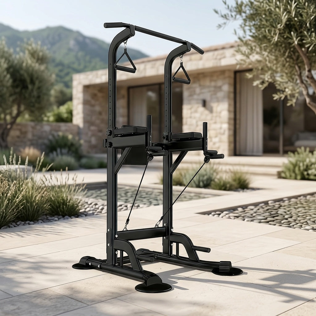 Power Tower Pull Up Bar Dip Station – Adjustable Height 50"-90.6" 330LBS Multi-Function Strength Training Equipment for Men & Women Home Gym, Free Elastic Bands Included