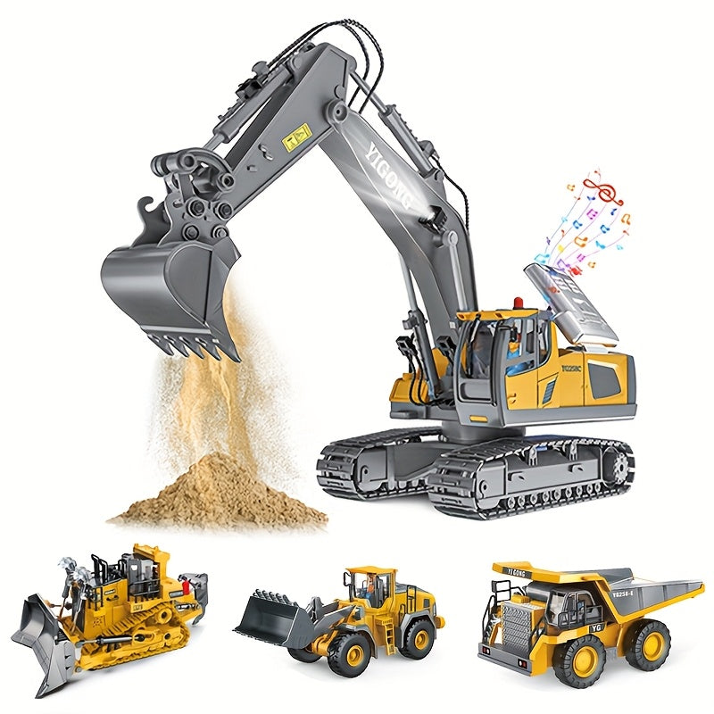 RC Construction Vehicle Set 2.4G 12-Channel Remote Control Excavator Dump Truck Bulldozer Loader Alloy Plastic Kids Toy Engineering Car STEM Gift Boys Birthday Christmas