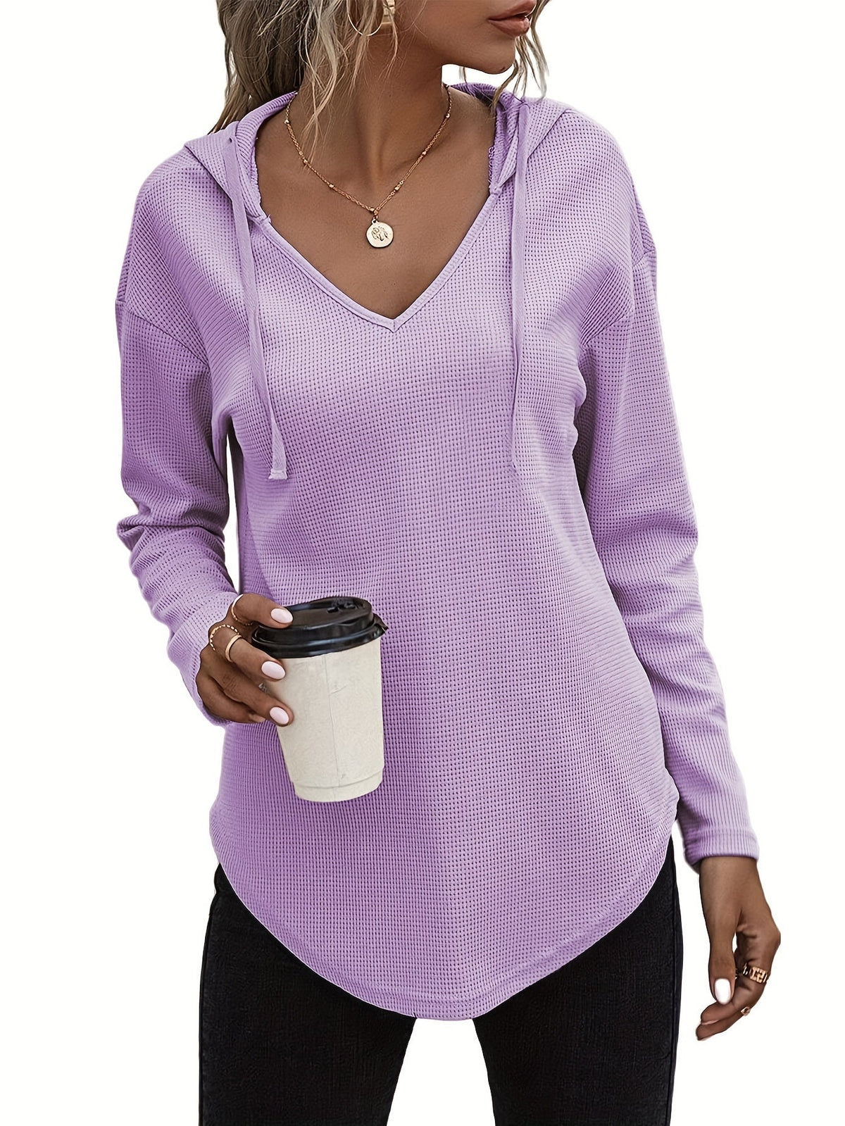 Women's Hanky Hem V-Neck Drawstring Hoodie Sweatshirt - Casual Long Sleeve Knit Hooded Pullover for Fall Winter