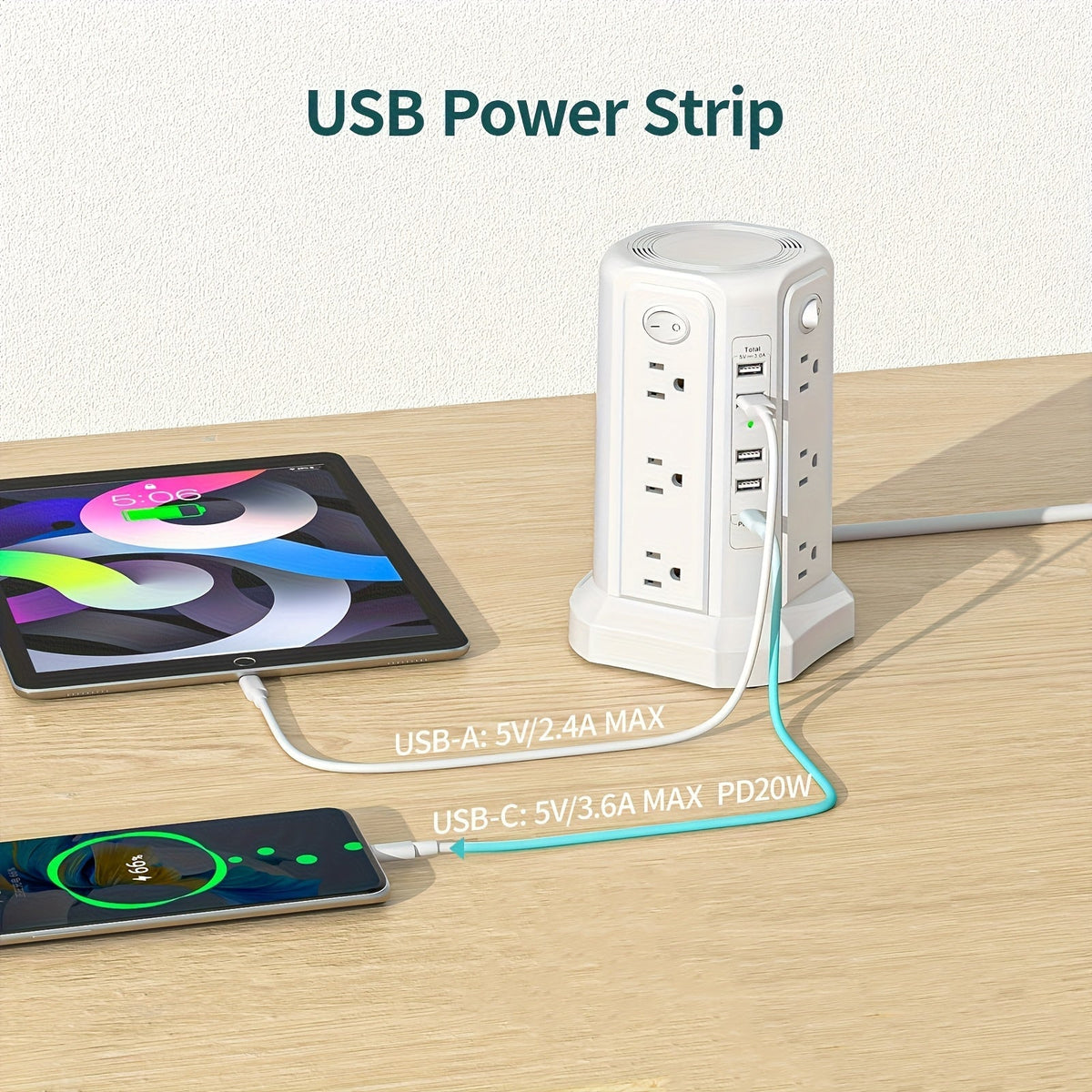 Tower Surge Protector Power Strip 12 AC Outlets 5 USB Ports PD 18W USB-C Fast Charging 10FT Extension Cord 1800J Surge Protection 4 Switches for Home Office Desk Dorm Room – Space-Saving Vertical Design