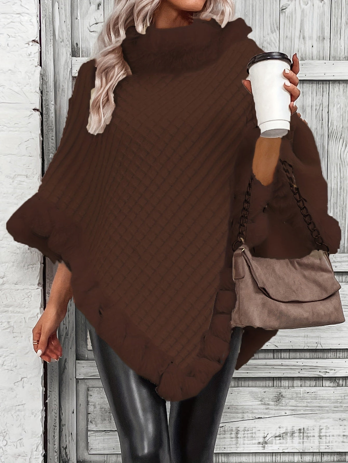 Women's Elegant Faux Fur Collar Cape Coat – Suede PU Plush Fur Trim Solid Color Winter Outerwear for Everyday & Formal Events