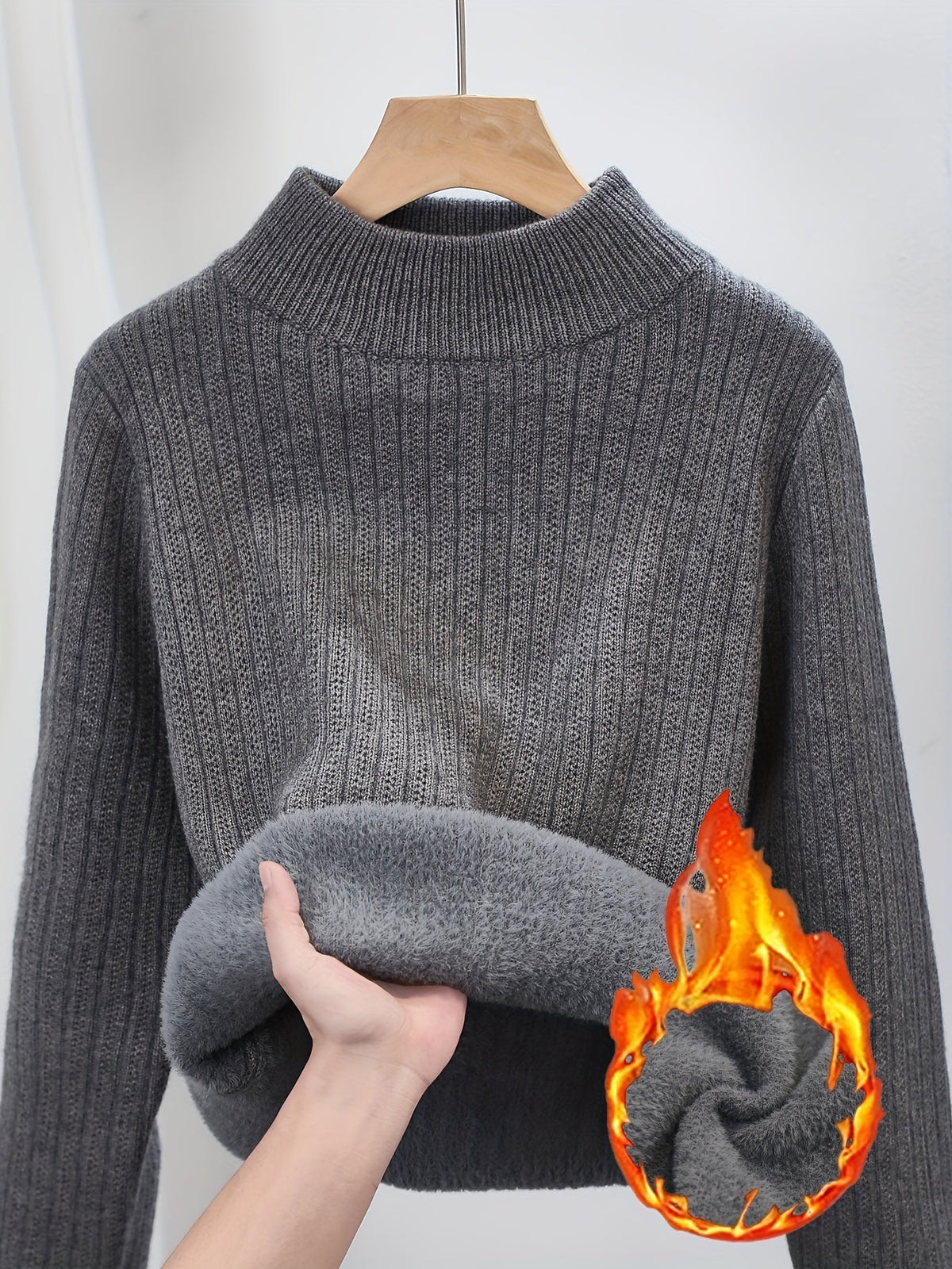 Women's Fleece Lined Turtleneck Sweater Thick Warm Pullover - Semi-High Neck Seamless Knit Sweater Fall Winter Inner Layer Top, 11 Colors S-XL