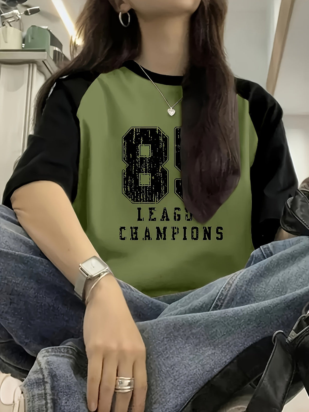 Women's Y2K Color Block Raglan T-Shirt - "85 League Champions" Varsity Graphic Print, Contrast Sleeve Crew Neck Casual Tee, Retro Streetwear Top Khaki Olive Green S-XXL