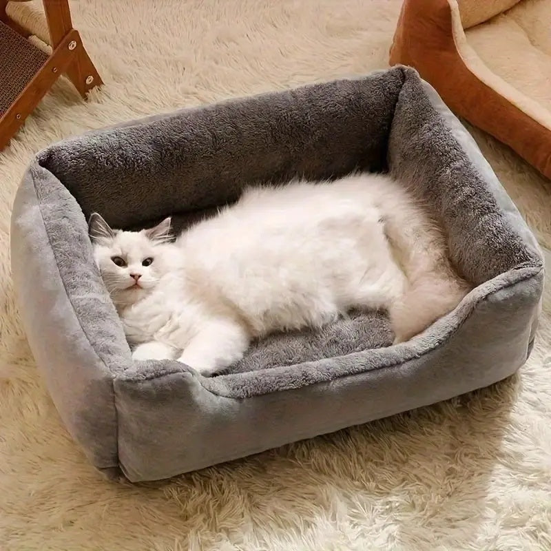 Plush Square Pet Bed for Cats & Dogs – Soft Fluffy Cushioned Mat with Open Edge Design, Easy Clean Polyester, 4 Sizes S/M/L/XL, Indoor Outdoor Use for Cats Small Dogs Rabbits Guinea Pigs