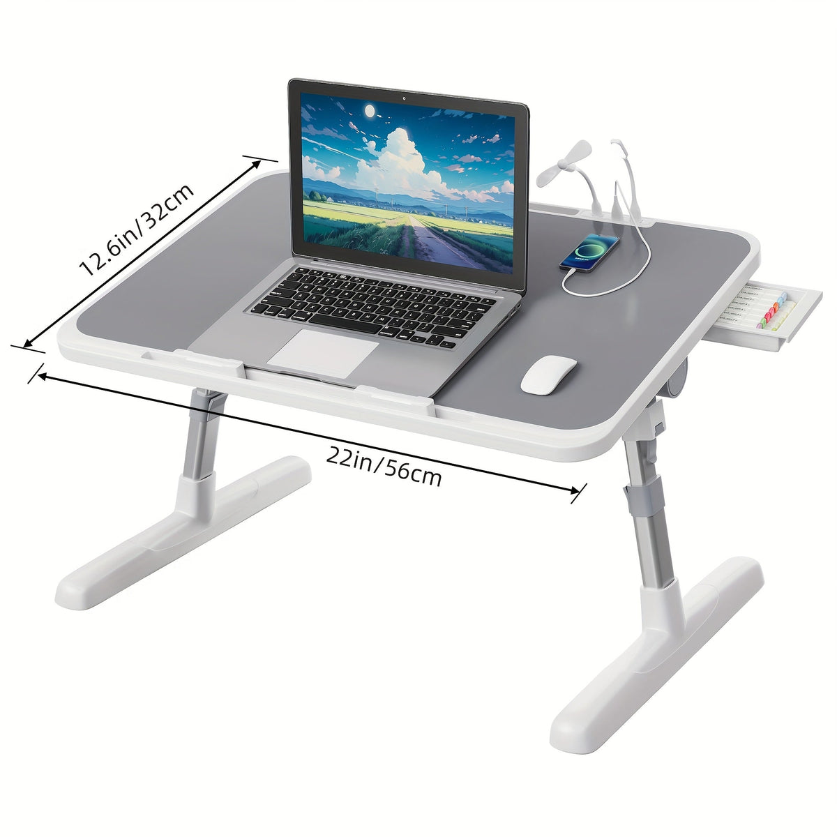 Lap Desk Bed Tray Table with USB Light Fan & Drawer – Adjustable Portable Laptop Stand for Bed Couch Sofa, Laptop Desk for Reading Writing Eating, 10 Colors & Sizes