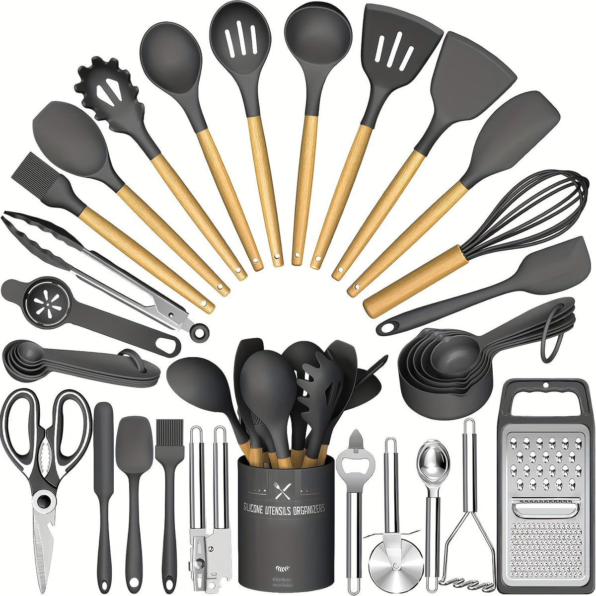 34-Piece Silicone Kitchen Utensils Set with Holder – Heat Resistant Cooking Utensils for Nonstick Cookware, Wooden Handle Spatula Set, Kitchen Gadgets & Tools, Great Father's Day Gift (Khaki/Black/Gray)